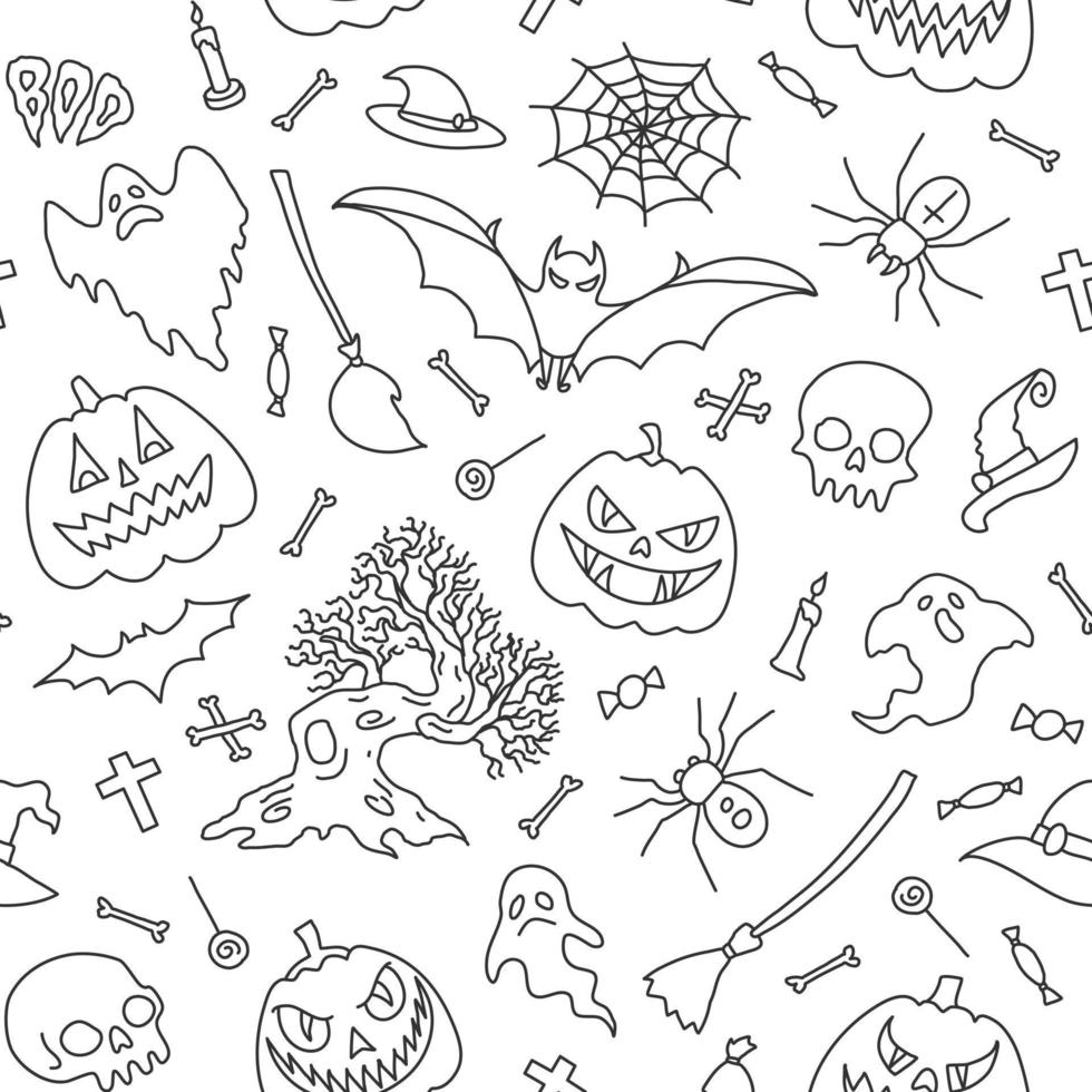 sömlös mönster, bakgrund vektor illustration, halloween fest element. uppsättning av ikoner i tecknad serie stil.