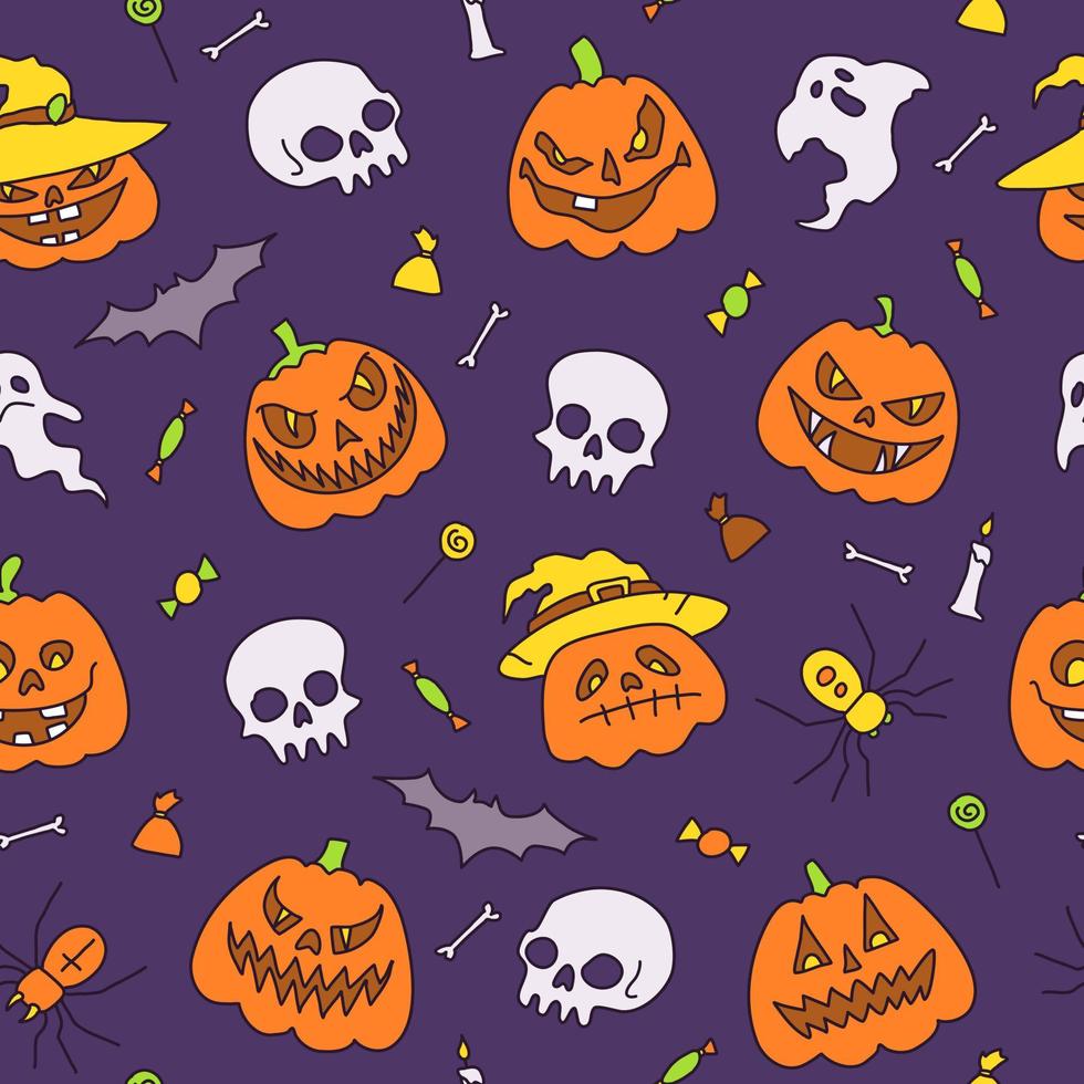 nahtlos Muster, Hintergrund Vektor Illustration, Halloween Party Elemente. einstellen von Symbole im Karikatur Stil.
