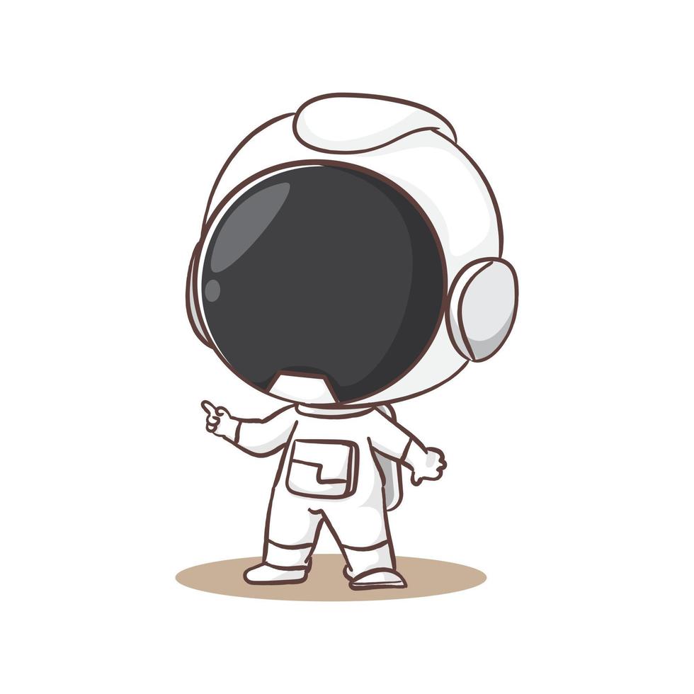 söt astronaut med pekande finger tecknad serie karaktär. Plats begrepp design. hand dragen platt förtjusande chibi vektor illustration. isolerat vit bakgrund