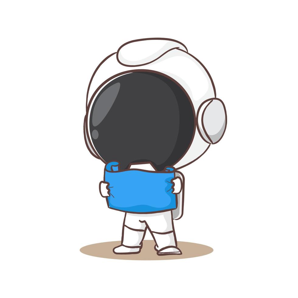 süß Astronaut lesen ein Blau drucken Karikatur Charakter. Raum Konzept Design. Hand gezeichnet eben bezaubernd Chibi Vektor Illustration. isoliert Weiß Hintergrund