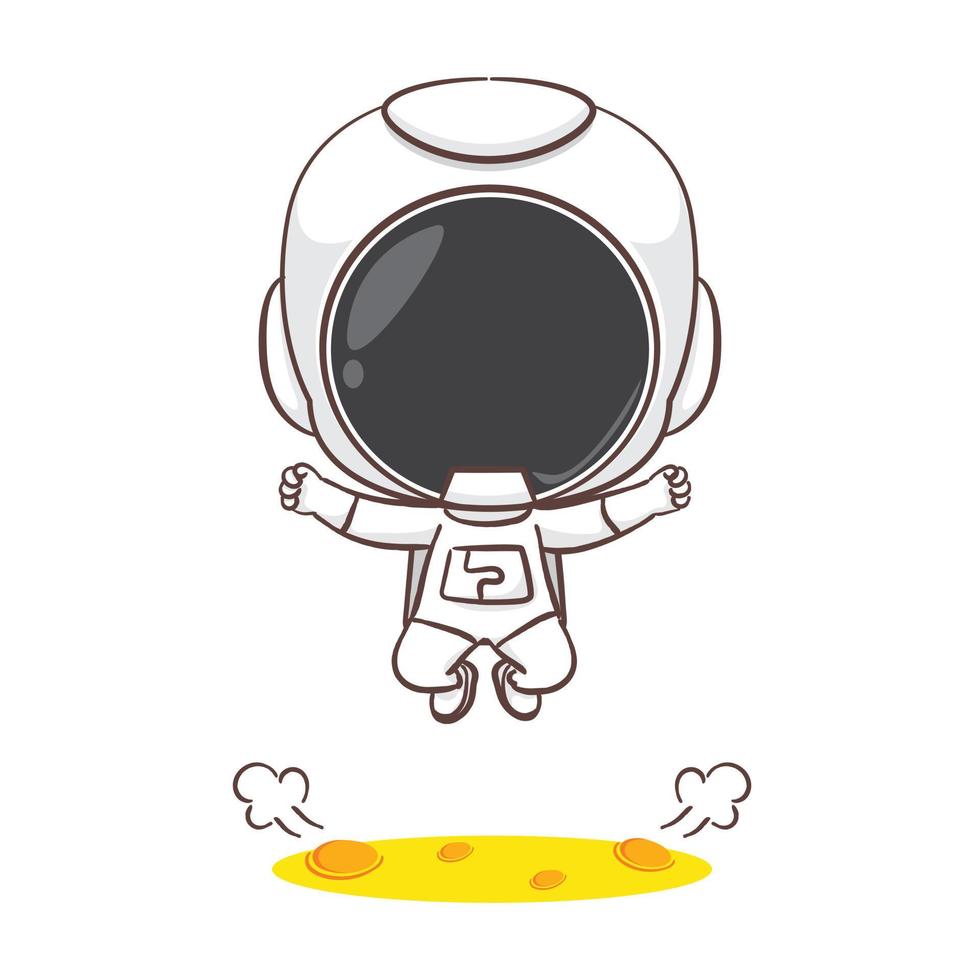 söt astronaut Hoppar på de måne tecknad serie karaktär. Plats begrepp design. hand dragen platt förtjusande chibi vektor illustration. isolerat vit bakgrund