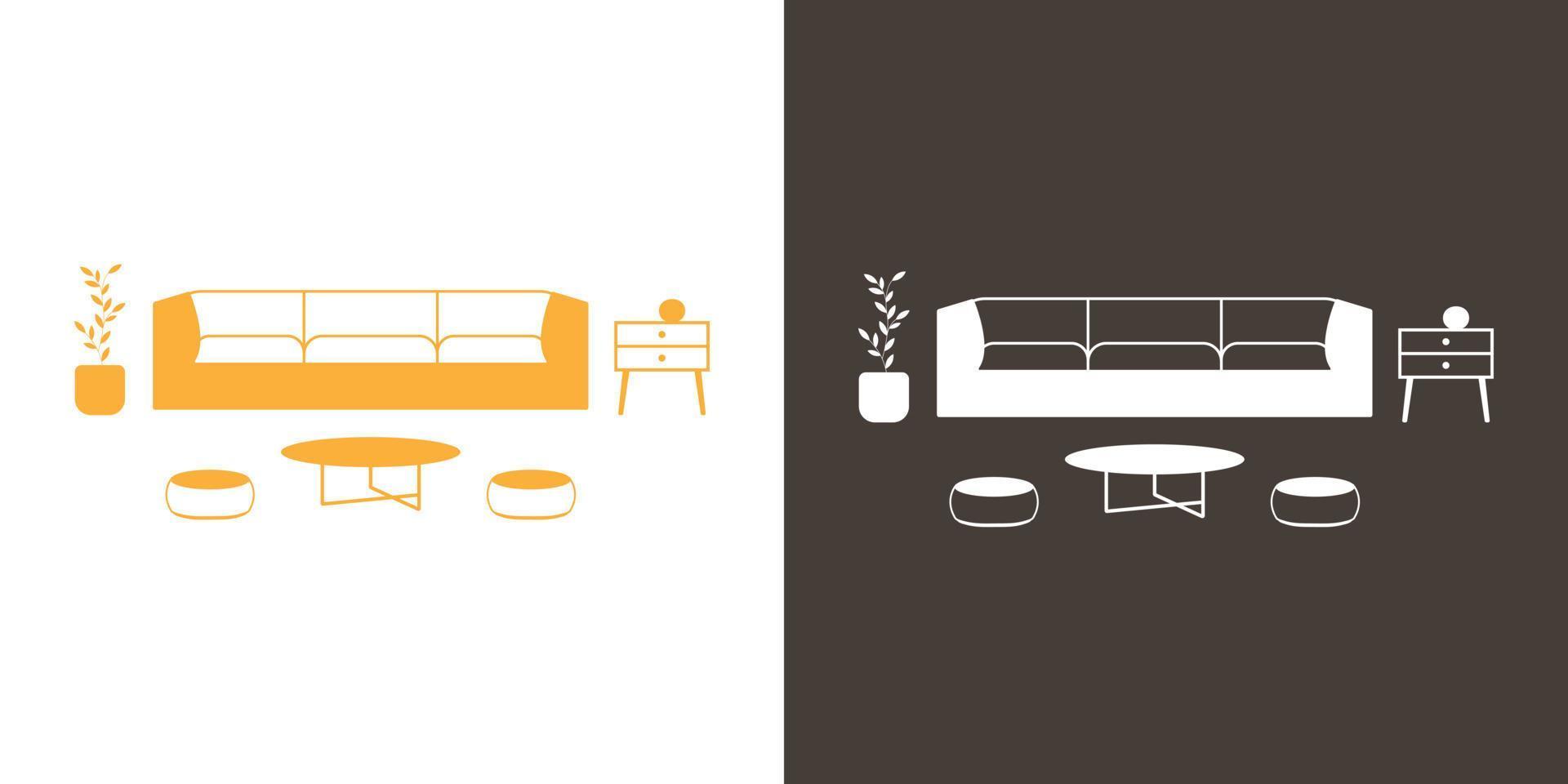 Sofa und Kaffee Tabelle Symbol. Möbel zum Leben Zimmer. Vektor Illustration