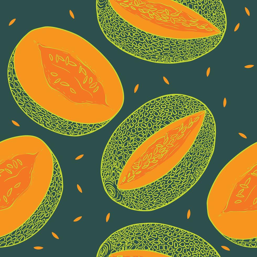 mönster med texturerad karibiska meloner och frön på grön bakgrund cantaloupmelon melon vektor