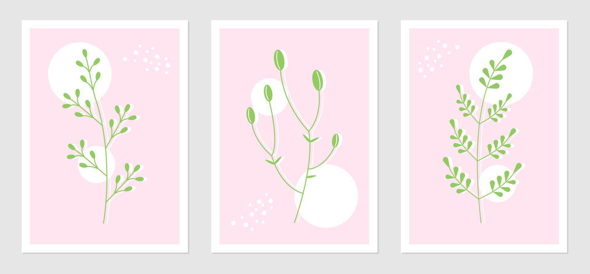 abstrakt Plakate einstellen mit Pflanze Elemente und geometrisch Formen. botanisch Vektor Illustration von Zweige. Konzept zum Innere Design im Rosa Grün Farben.