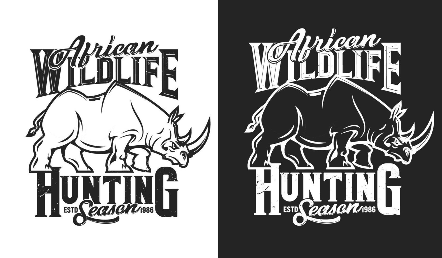 arg noshörning maskot, jakt klubb t-shirt skriva ut vektor