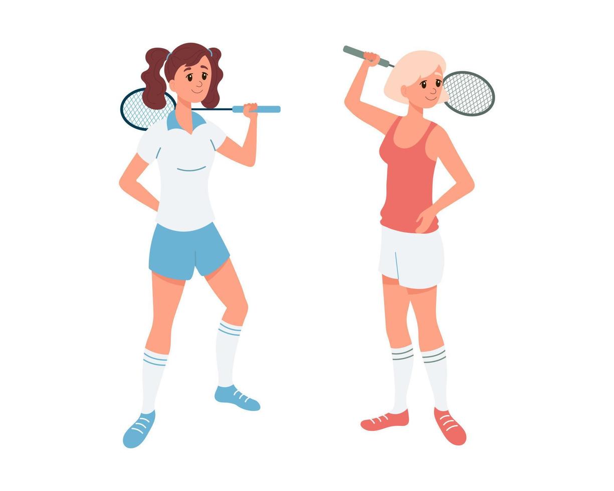 ein Paar von Mädchen mit Tennis Schläger, weiblich Tennis Spieler. eben Stil Illustration, Vektor