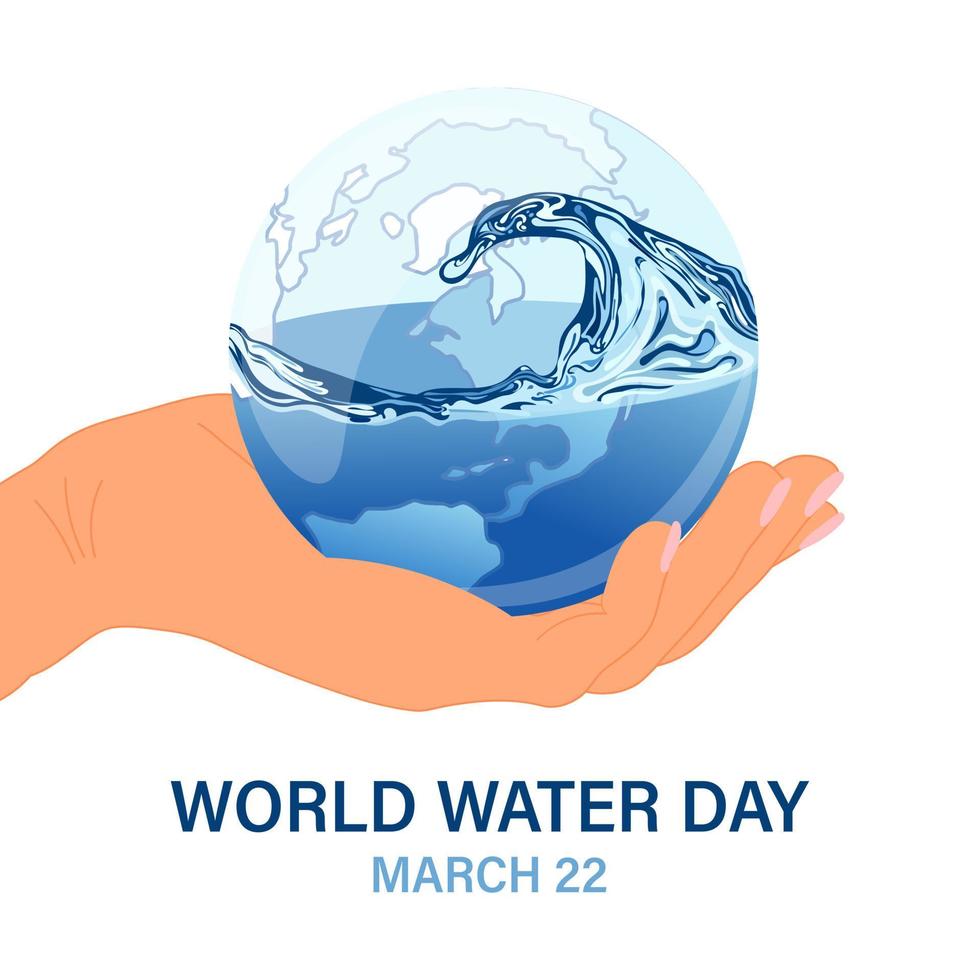 Welt Wasser Tag, 3d Planet mit Wasser Spritzen im Mensch Hand. ökologisch Konzept. Banner, Poster, Postkarte, Vektor