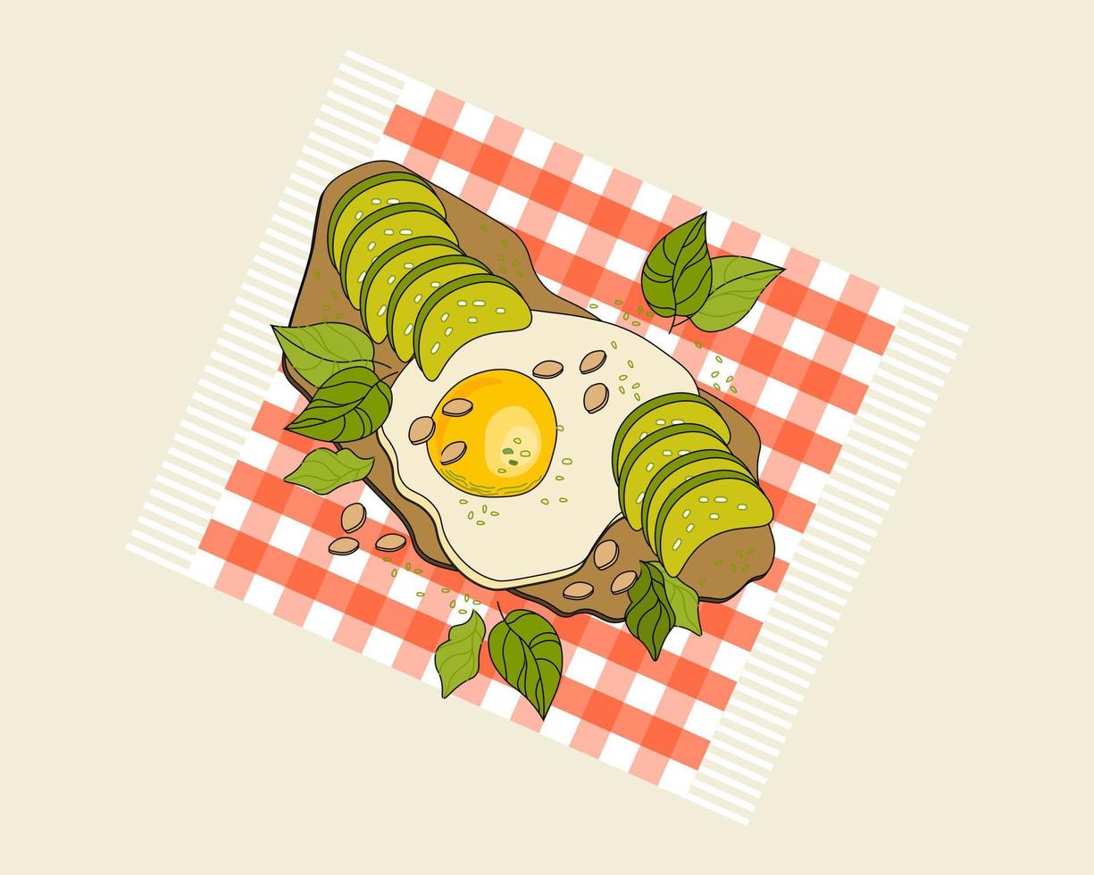 friska frukost, friterad ägg på svart bröd med avokado bitar och örter. mat illustration, vektor. vektor