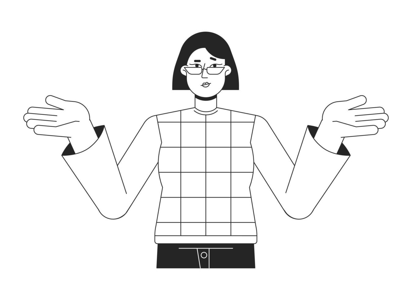 verkställande kvinna rycker på axlarna med händer upp platt linje svart vit vektor karaktär. redigerbar isolerat översikt halv kropp person. enkel tecknad serie stil fläck illustration för webb grafisk design, animering
