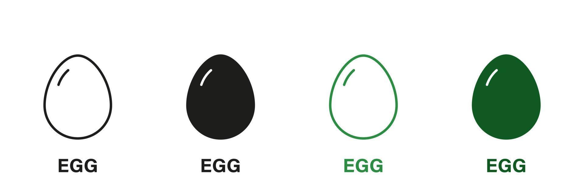 ägg linje och silhuett ikon uppsättning. friska frukost grön och svart piktogram. protein diet, äggskal symbol samling på vit bakgrund. näring tecken. isolerat vektor illustration.