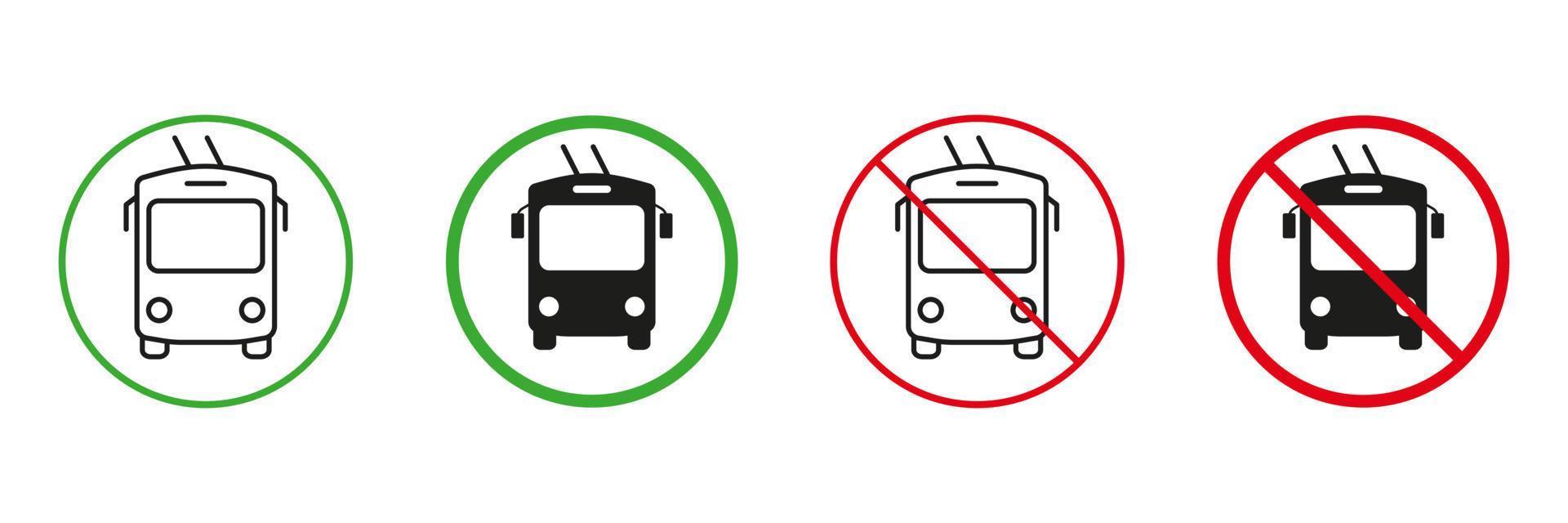 Obus Linie und Silhouette Symbole Satz. Wagen Bus rot und Grün Straße Zeichen. erlauben und nicht erlaubt Stadt elektrisch Transport Symbol Sammlung. isoliert Vektor Illustration.