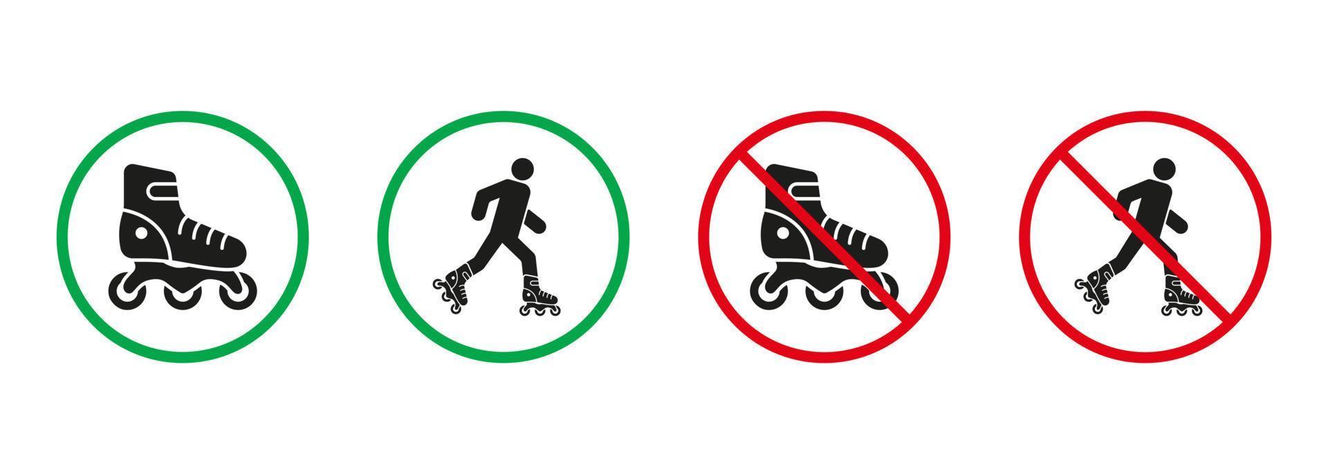 Mann im Walze Schlittschuh rot und Grün Zeichen. Inliner fahren Silhouette Symbole Satz. erlaubt und verboten Rollschuh, Eintrag mit Öko Transport Piktogramm. isoliert Vektor Illustration.