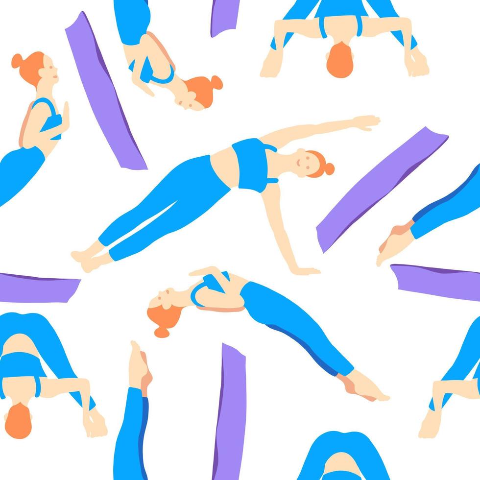 Ausbildung im Yoga Pose von rad Haar europäisch Mädchen im Blau Trainingsanzug auf ein lila Matte. Pilates, Sport, Gesundheit. weiblich, Dame, Frau. Vektor Illustration im Karikatur eben Stil isoliert auf Weiß Hintergrund.