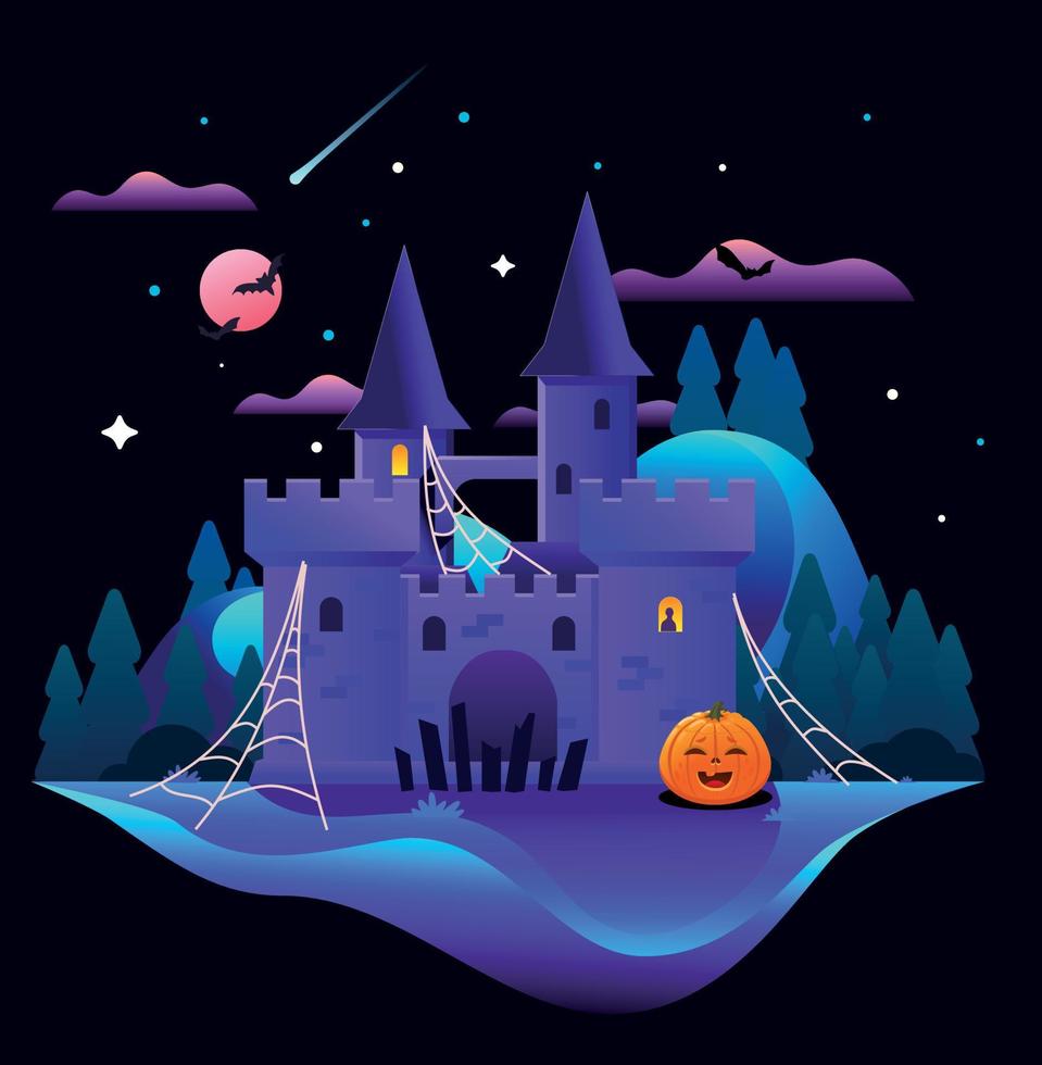 illustration av en natt slott på halloween vektor