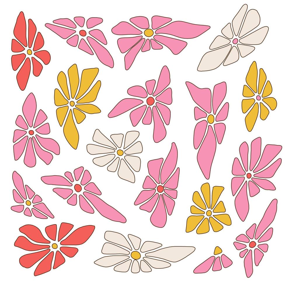 uppsättning av förvrängd häftig färgrik daisy blommor i rosa, gul, röd färger färger. modern design element samling i 00-talet, 90-talet, y2k stil. årgång abstrakt vektor illustration.