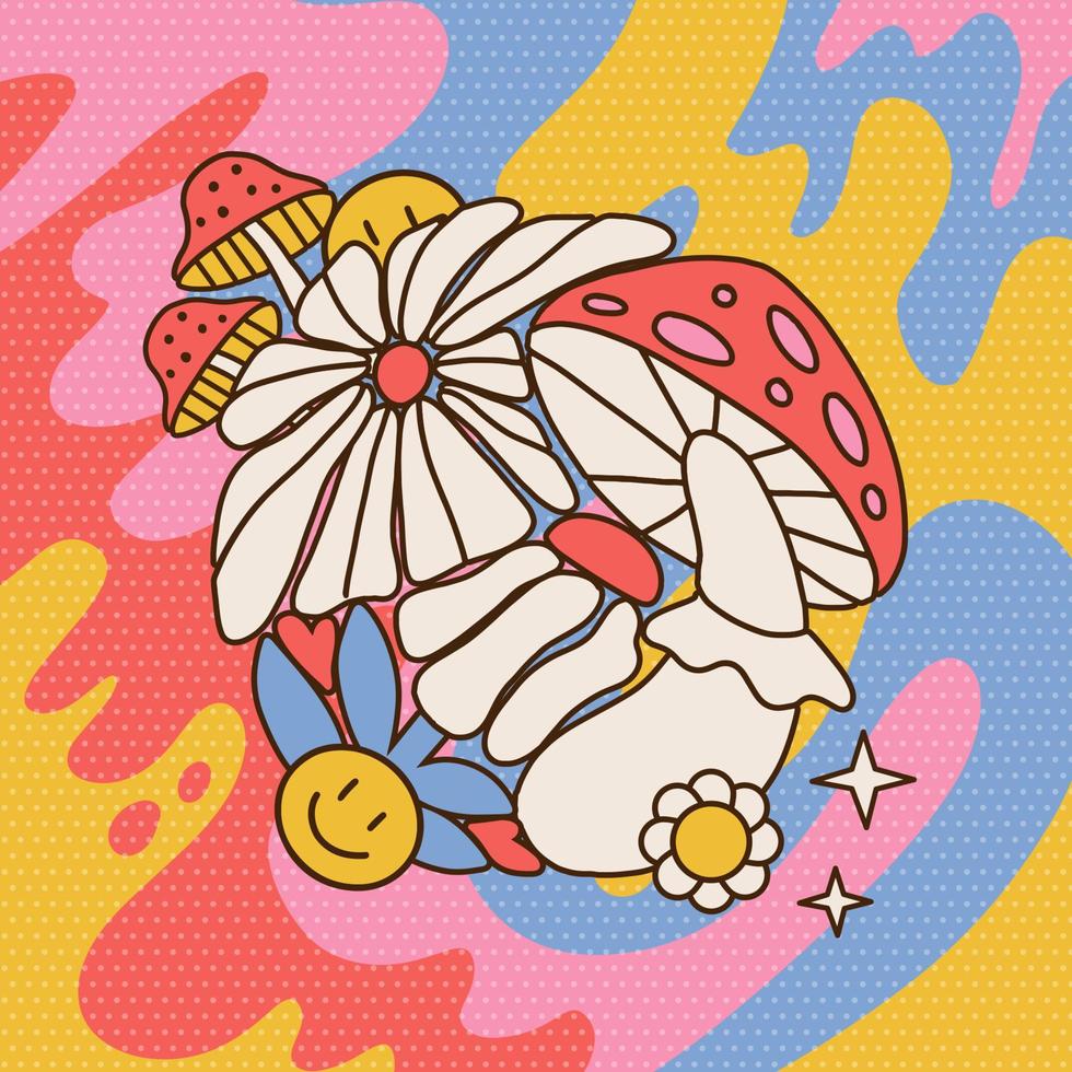 trippy Pilze und Blumen Startseite oder Banner im Stil 70er, 80er Jahre auf Flüssigkeit Farbe Farben abstrakt Flüssigkeit Hintergrund. retro Kontur Hand gezeichnet Vektor Illustration