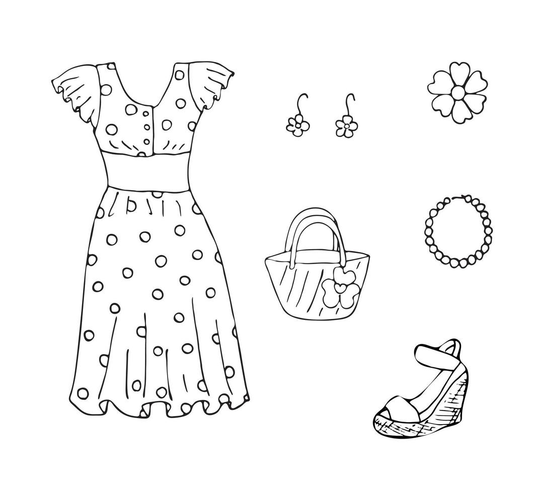 sommar klänning och Tillbehör. kvinnas Kläder uppsättning. vektor ritad för hand objekt illustrationer. svart och vit mode samling.