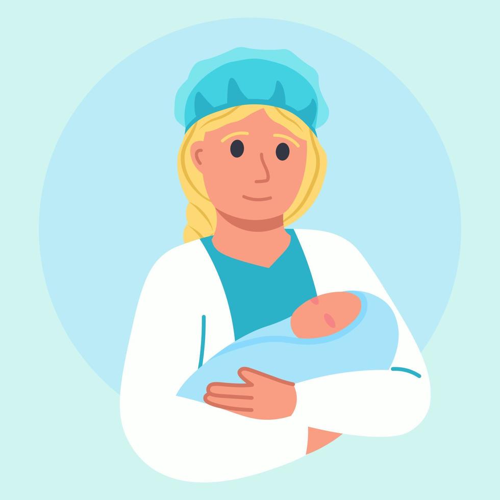 porträtt av barnmorska, sjuksköterska, nunna med nyfödd bebis, vektor platt stil illustration