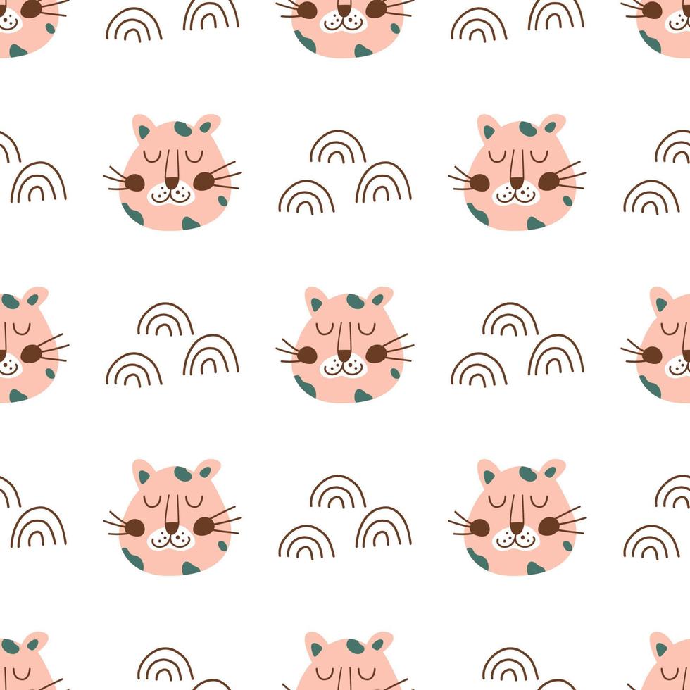 Leopard Gesicht. Rosa Leopard Kopf nahtlos Muster. Safari Tier Hintergrund. süß Baby Tier Stoff, Textil, wild Katze einfach Textur, Kinder Regenbögen. Vektor Illustration. wiederholen Jaguar Gesichter.