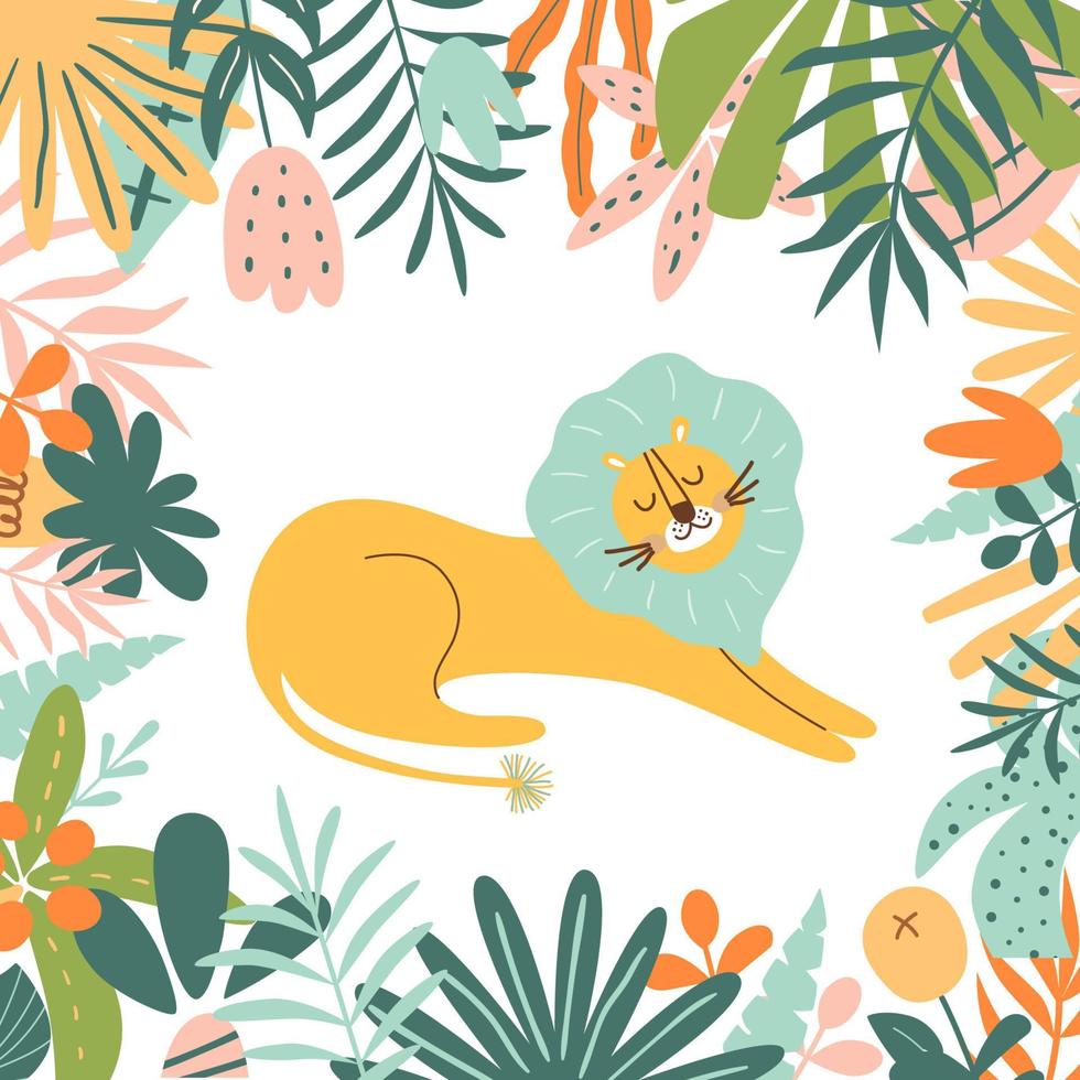 Löwe im Dschungel. wild Tier Illustration mit Urwald Pflanzen. hell Zoo Postkarte. Süss Urwald Löwe Grafik Element. süß wild Katze im kindisch Stil. Vektor afrikanisch Löwe in Wald. Kinder Design.