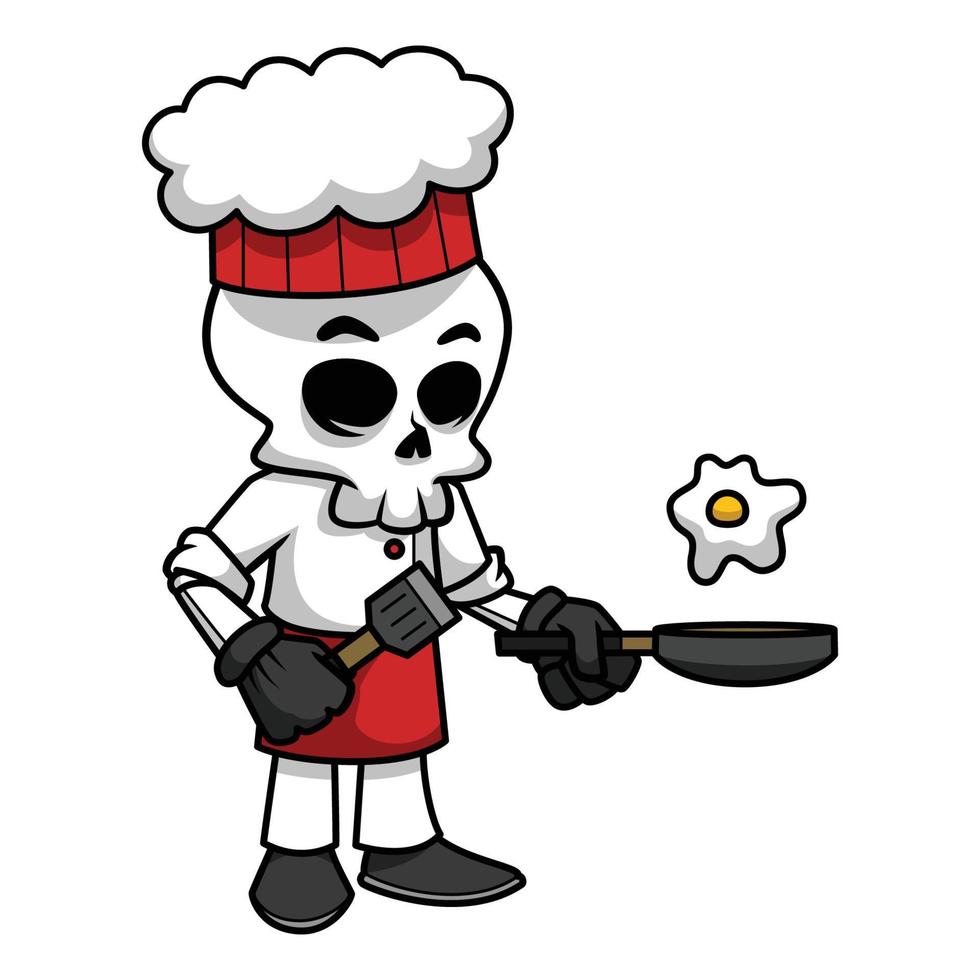 en skalle kock bär en kostym och hatt är matlagning ägg använder sig av hans spatel och fräsning panorera. skalle tecknad serie. vektor