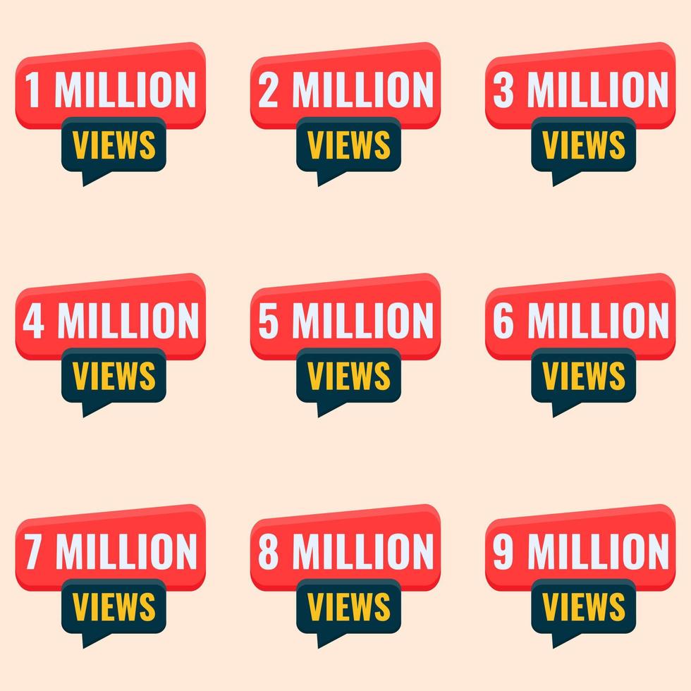 Video Ansichten Banner zum Miniaturansicht Design 1 Million zu 9 Million Ansichten Etikette einstellen vektor