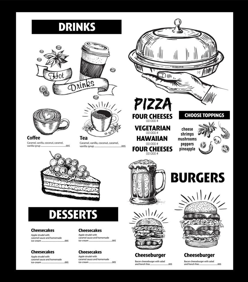 menyrestaurangbroschyr. flygblad med handritad grafik. vektor