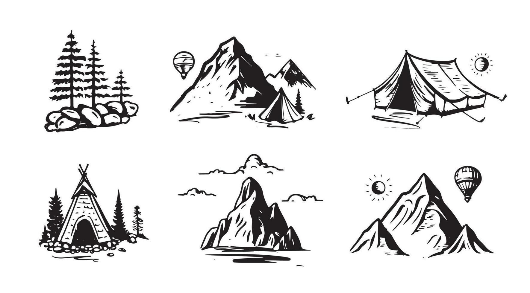 camping uppsättning, berg landskap, hand dragen stil, vektor illustration.