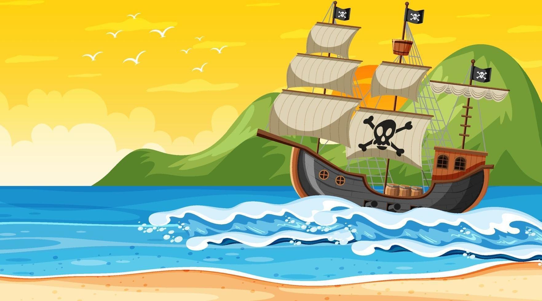 Ozean mit Piratenschiff bei Sonnenuntergangzeitszene im Karikaturstil vektor