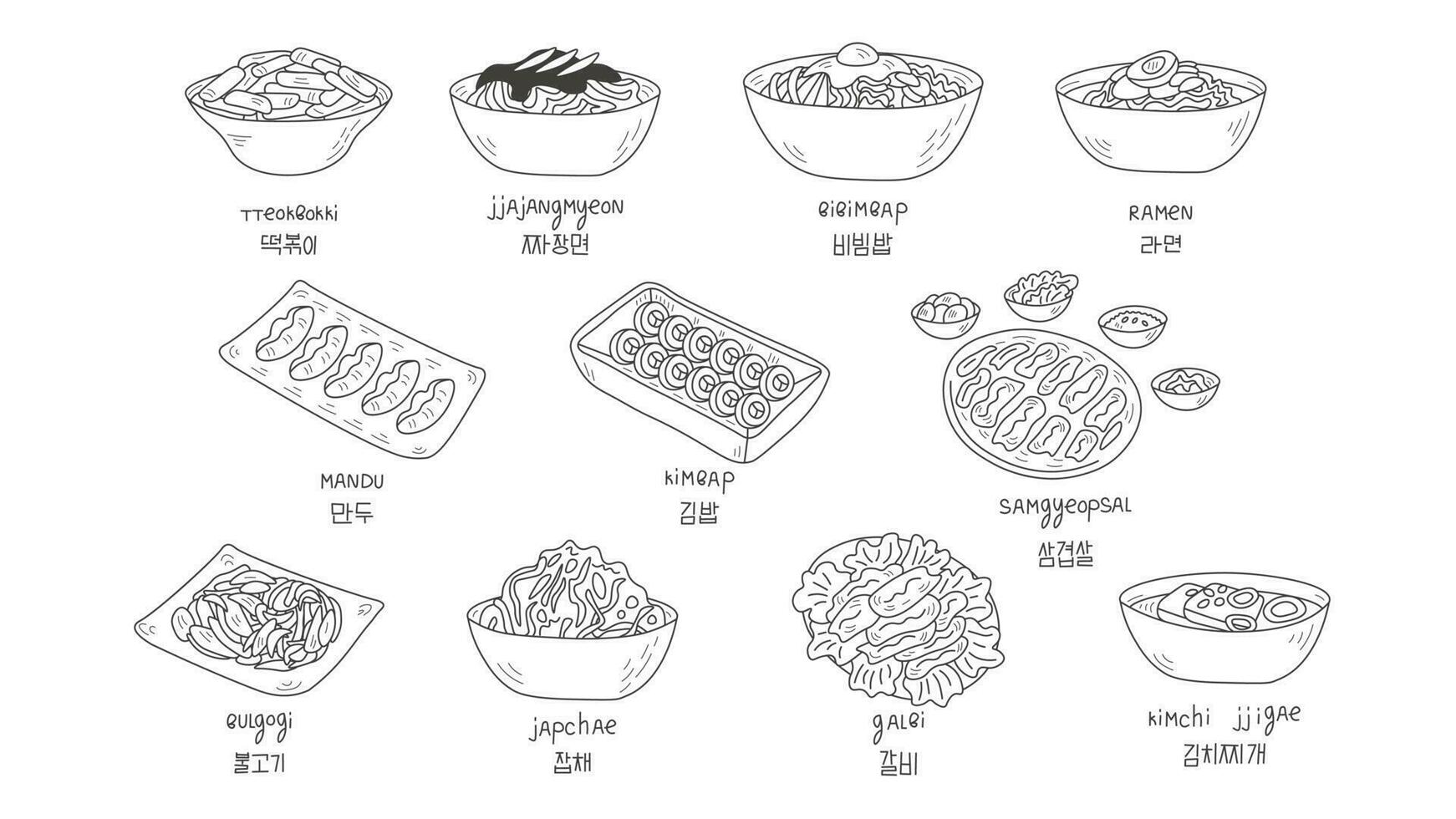 koreanska mat uppsättning med inskriptioner klotter vektor