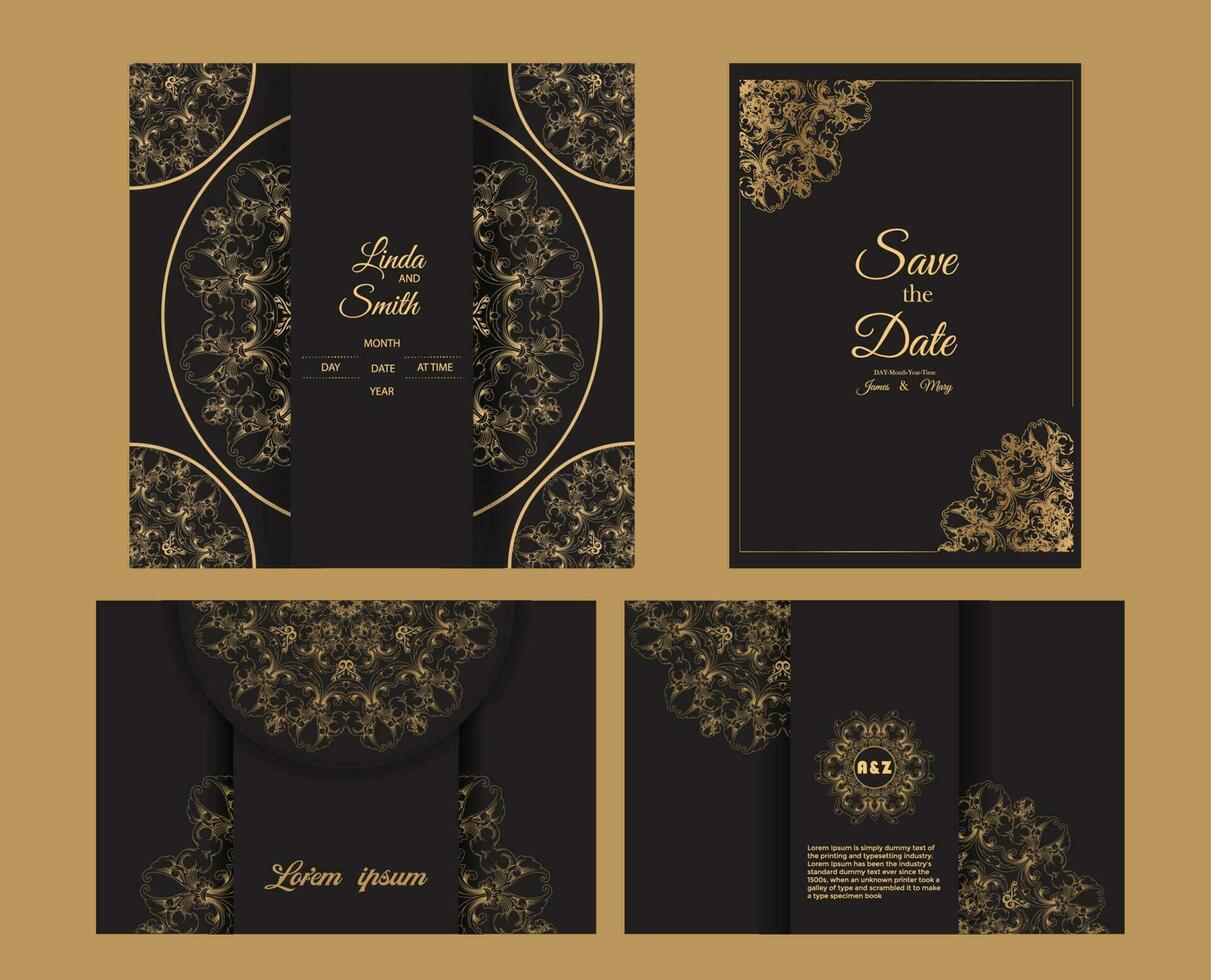 Luxus Hochzeit Einladung Karte Vorlage. Mandala schwarz und Gold indisch Hochzeit Einladung Karte Vorlage vektor