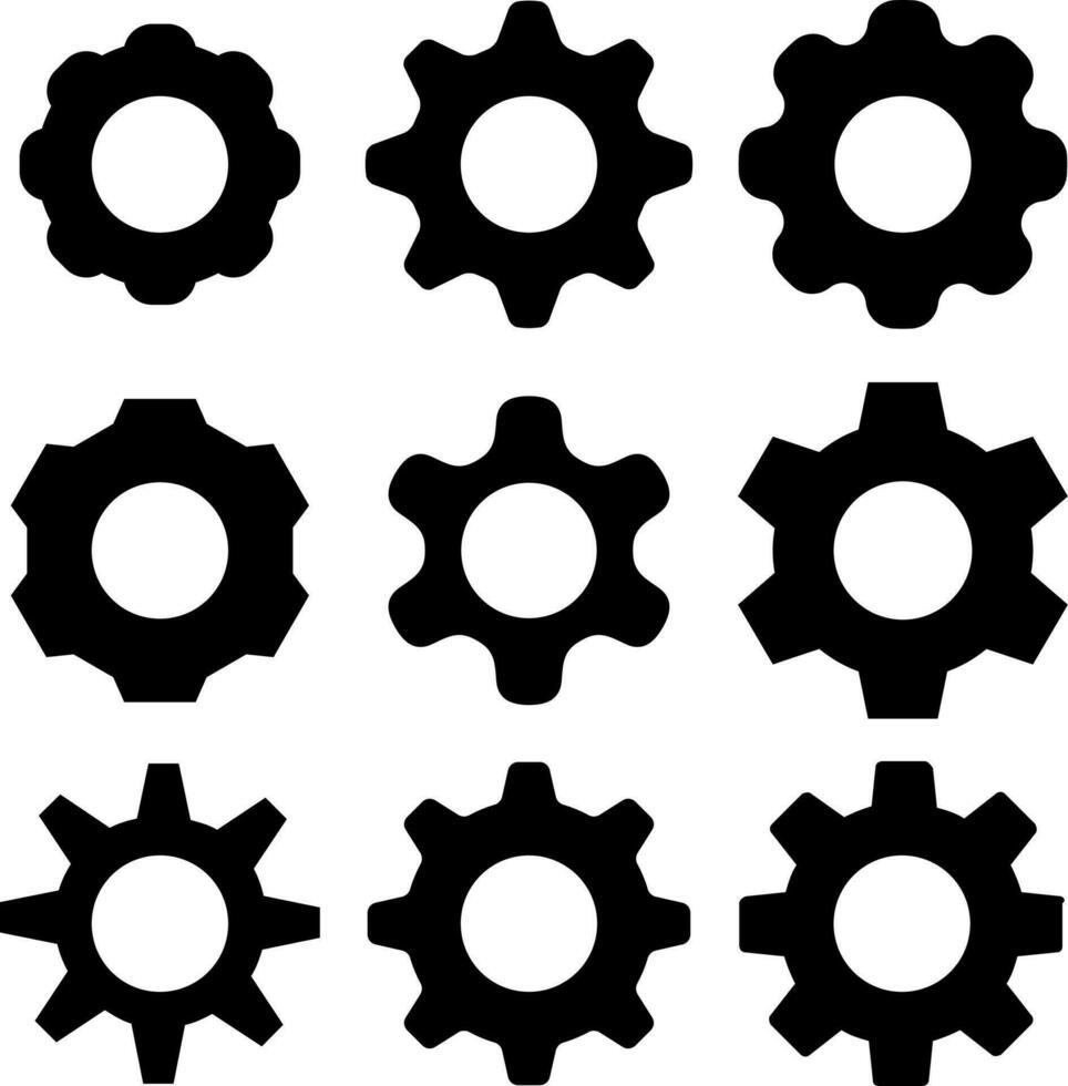 Ausrüstung Symbol Satz. Getriebe Vektor Illustration. Symbole von Ausrüstung zum Industrie, Maschine, Einstellung, oder Mechaniker. Ausrüstung Symbol Blatt zum Zeichen oder Symbol von Prozess und System