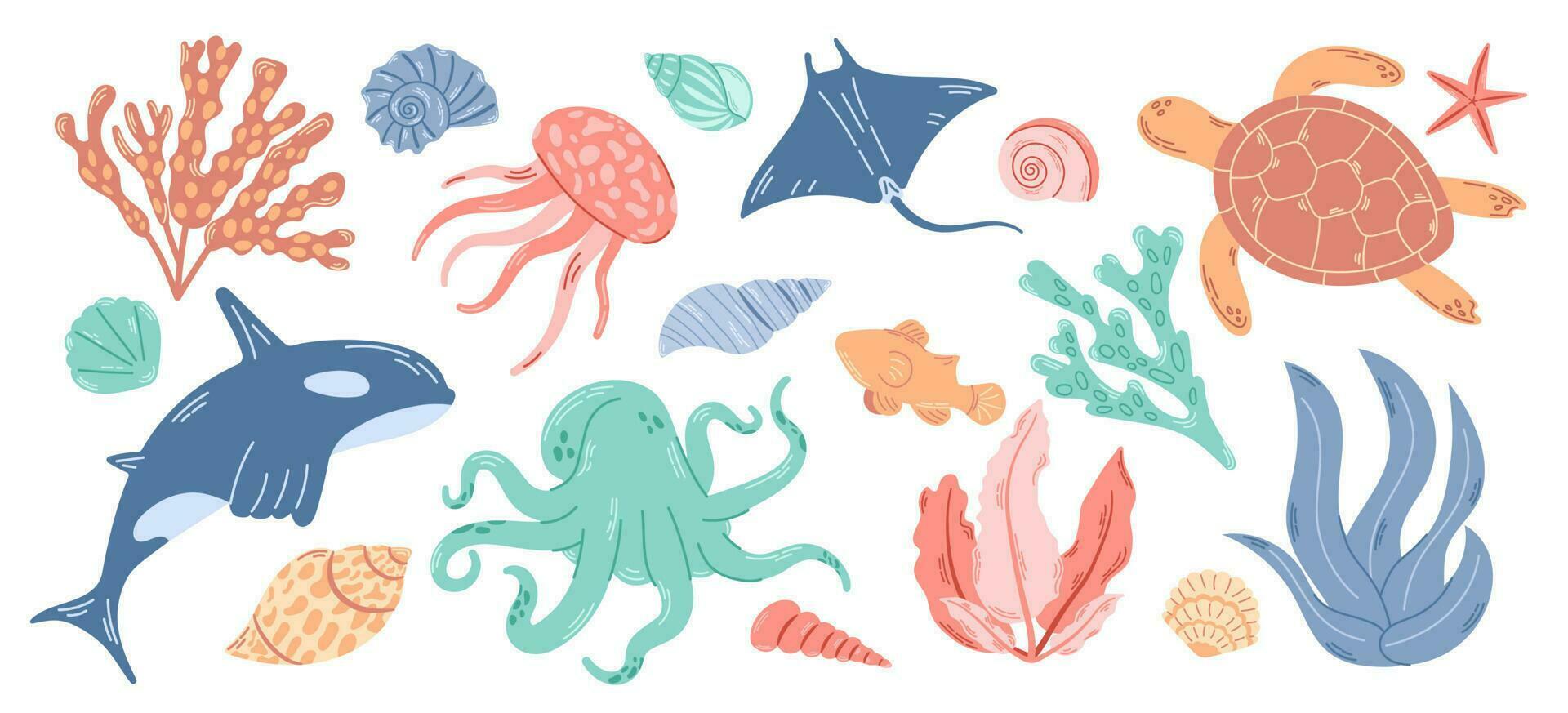 Gruppe von Meer Tiere und Wasser Pflanzen. unter Wasser Bewohner Satz. modern Hand gezeichnet eben Illustration auf Weiß Hintergrund. vektor