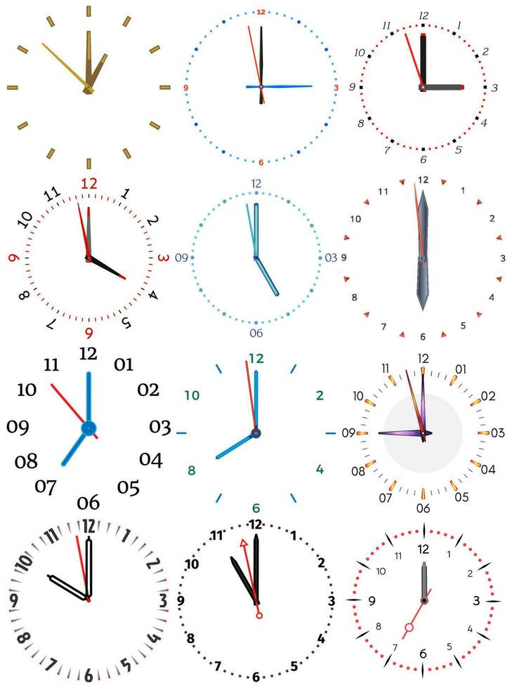 en uppsättning av annorlunda mekanisk klockor med ett bild av varje av de tolv timmar. klocka ansikte på vit bakgrund. vektor