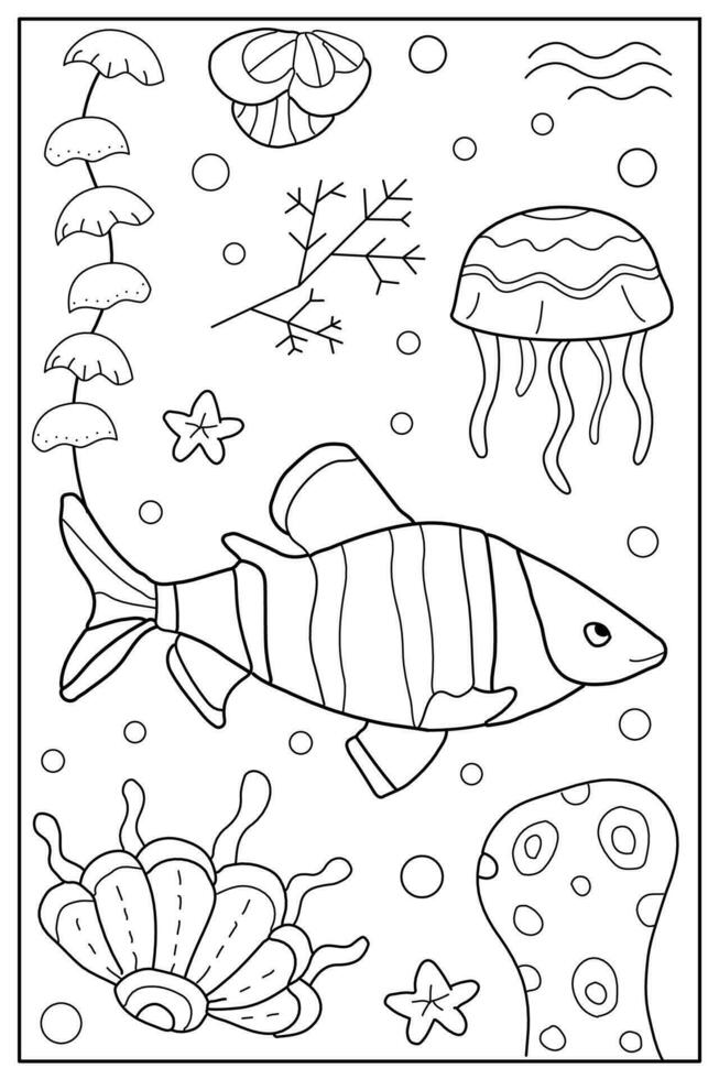 unter Wasser Leben im das Meer, Ozean. Hand gezeichnet Färbung zum Kinder und Erwachsene. schön einfach Zeichnungen mit Muster. Färbung Buch Bilder mit Fisch. Vektor