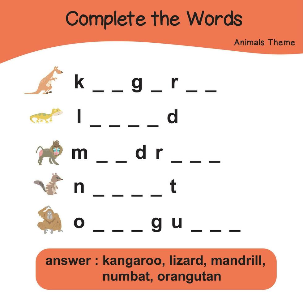 Komplett das Wörter. Tiere Thema Namen Arbeitsblatt mit Antworten Schlüssel. Vektor Illustration.
