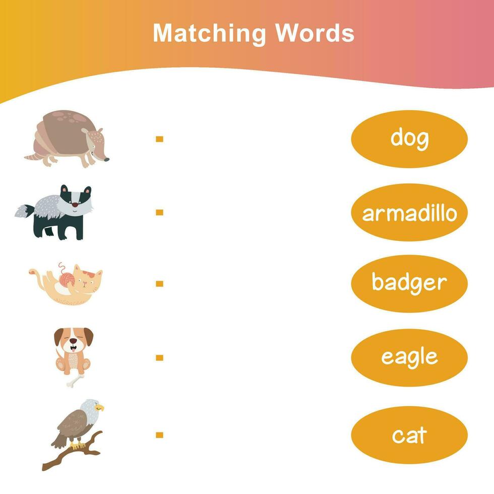 läsa och match kalkylblad spel. engelsk alfabet med tecknad serie djur uppsättning. matchande ord med bilder använder sig av rolig djur uppsättningar för ungar. vektor illustration.