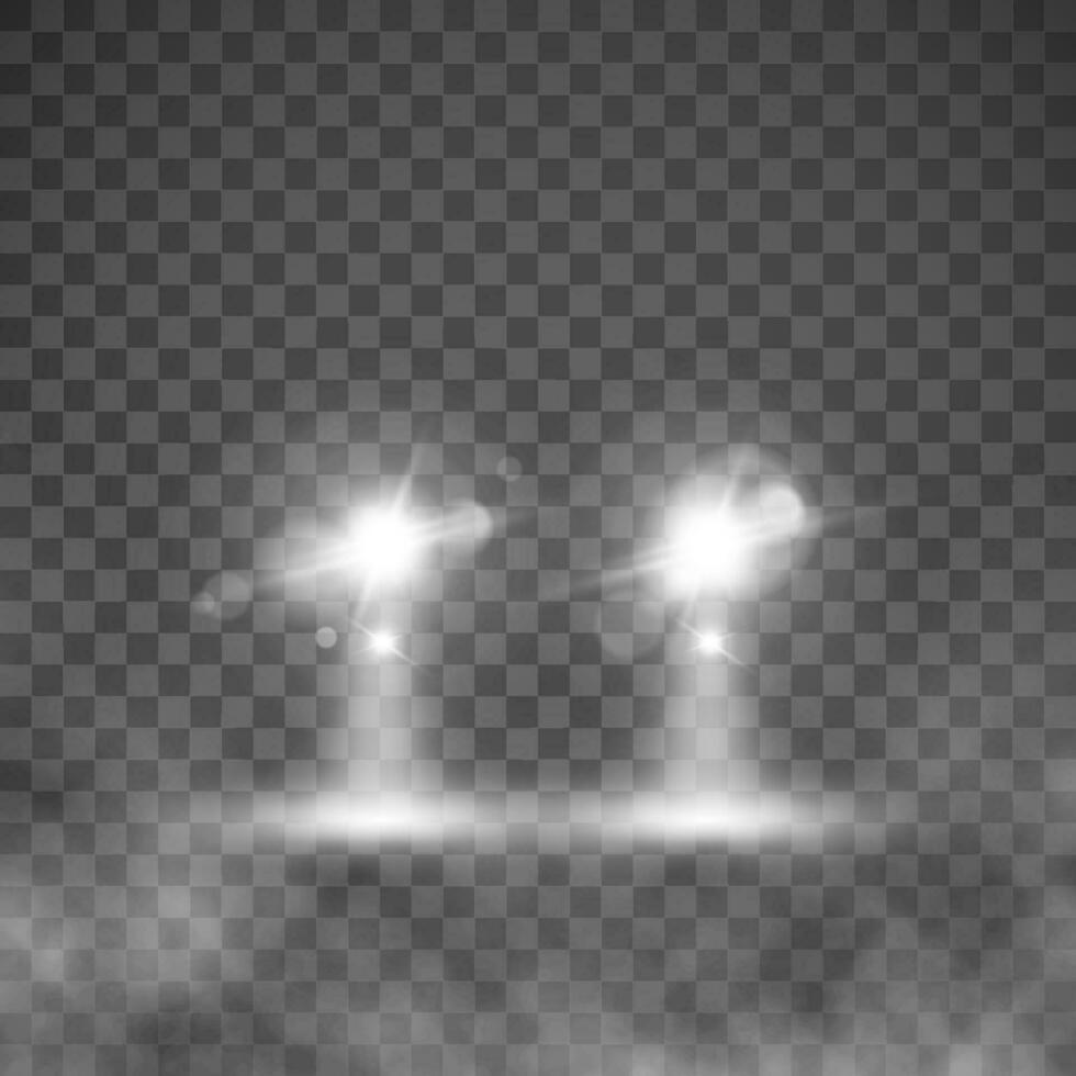 Auto Beleuchtung. Automobil Scheinwerfer. Fahrzeug Scheinwerfer im Nebel. Vektor Illustration