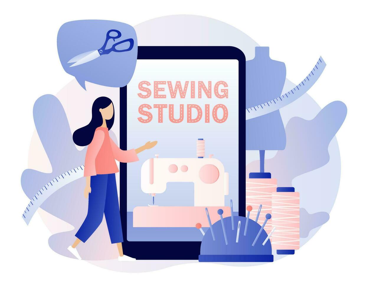 sömnad studio app begrepp. mycket liten kvinna skräddare med stor smartphone i verkstad eller ateljé. sömnad maskin, mannekäng, verktyg och material. modern platt tecknad serie stil. vektor illustration