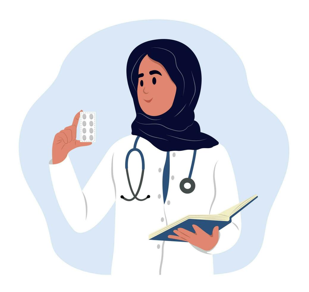 Arzt Muslim Frau mit Medizin. ein weiblich Arzt schreibt ein Verschreibung. vektor