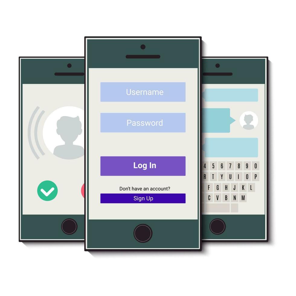 uppsättning av tre mobil telefoner. mobil telefon med tillstånd, inkommande ring upp och chatt. vektor illustration
