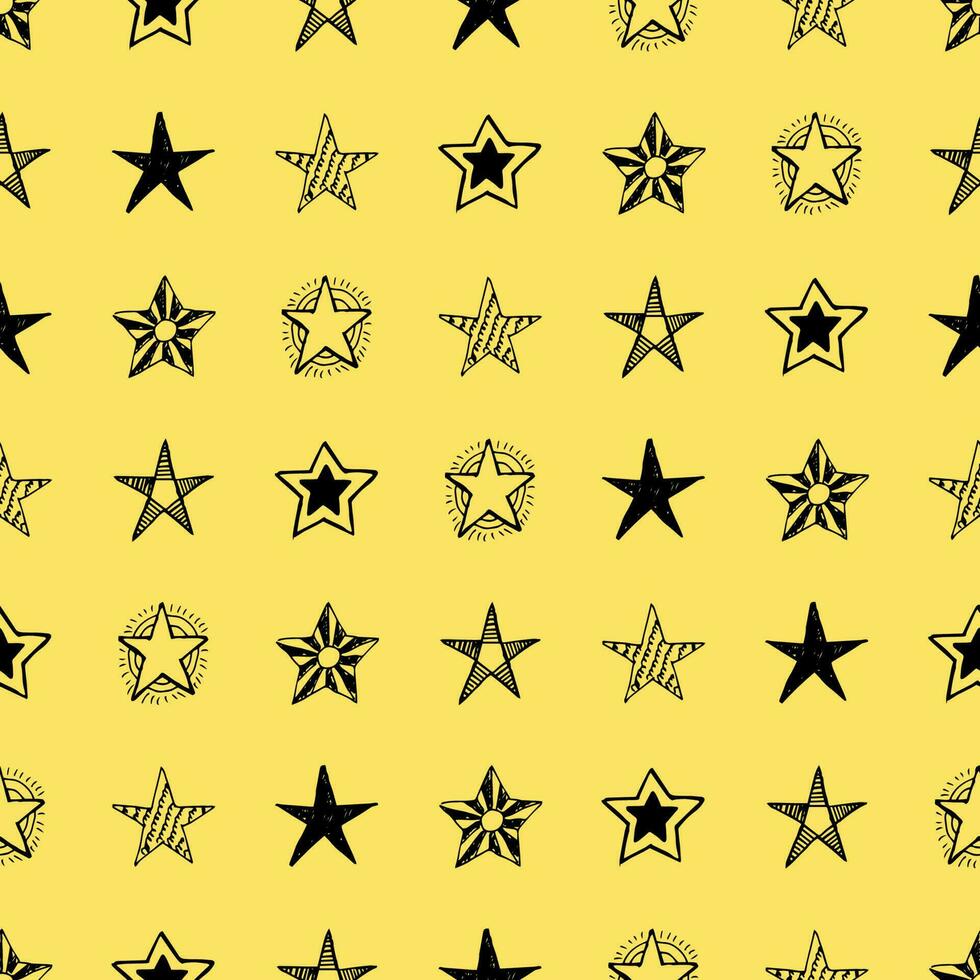 sömlös bakgrund av klotter stjärnor. svart hand dragen stjärnor på gul bakgrund. vektor illustration