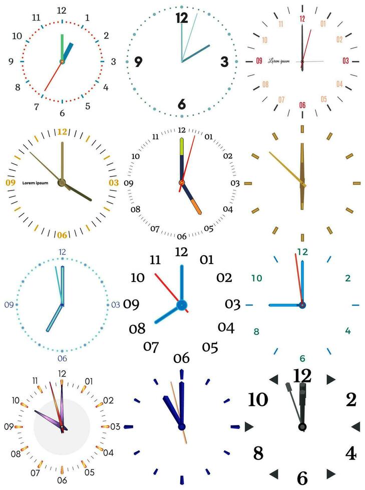 en uppsättning av annorlunda mekanisk klockor med ett bild av varje av de tolv timmar. klocka ansikte på vit bakgrund. vektor