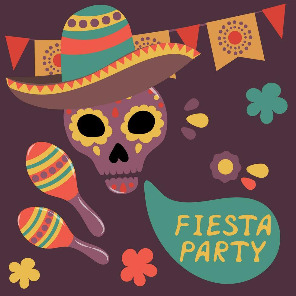 Poster zum ein Mexikaner Party mit ein Schädel und Maracas vektor