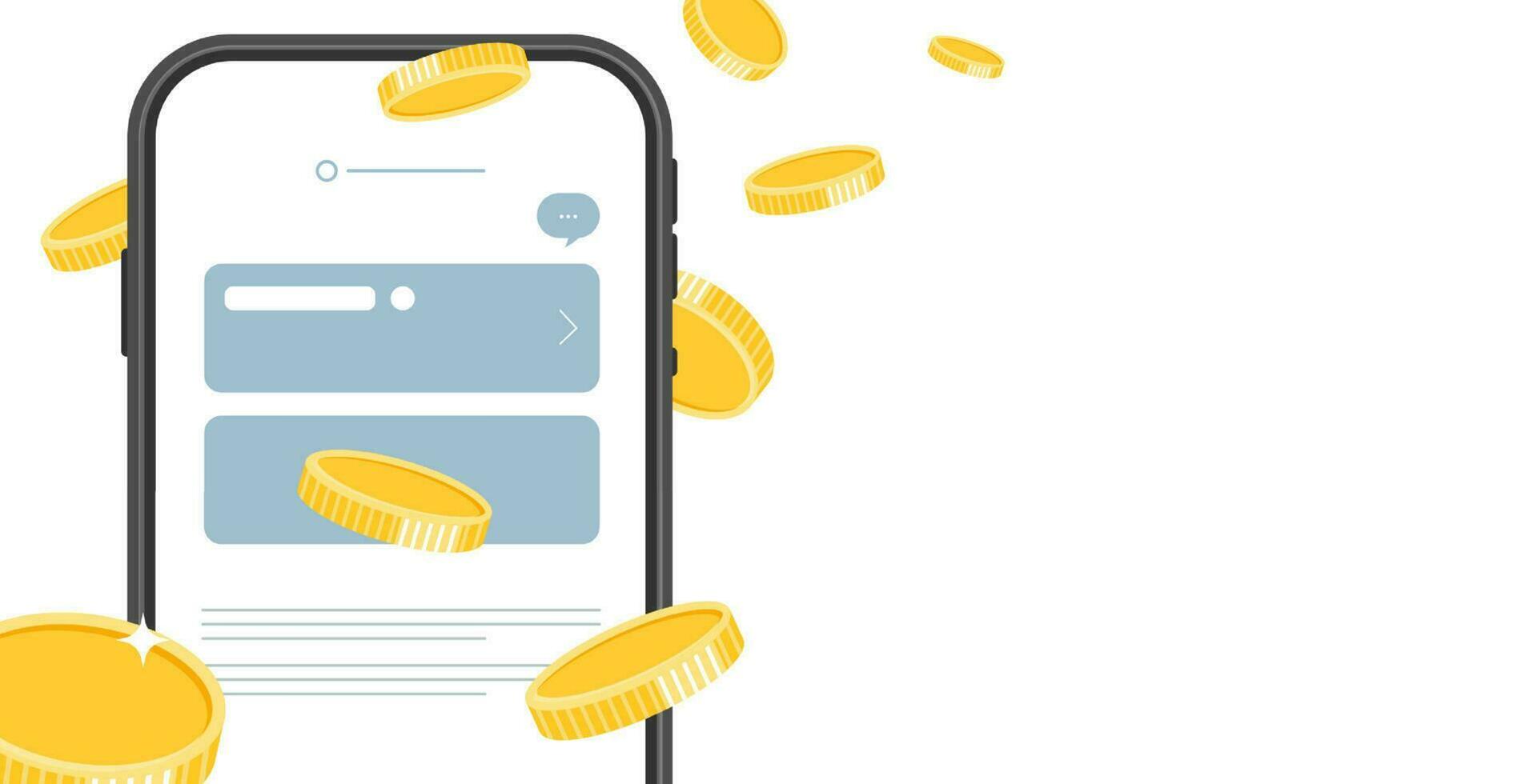 Digital Geld und Münzen online durch Handy, Mobiltelefon Banken. Smartphone Zahlen durch Geld. online Bankwesen und Zahlung. Einkaufen durch Telefon und in Verbindung gebracht entlang. Vektor Design