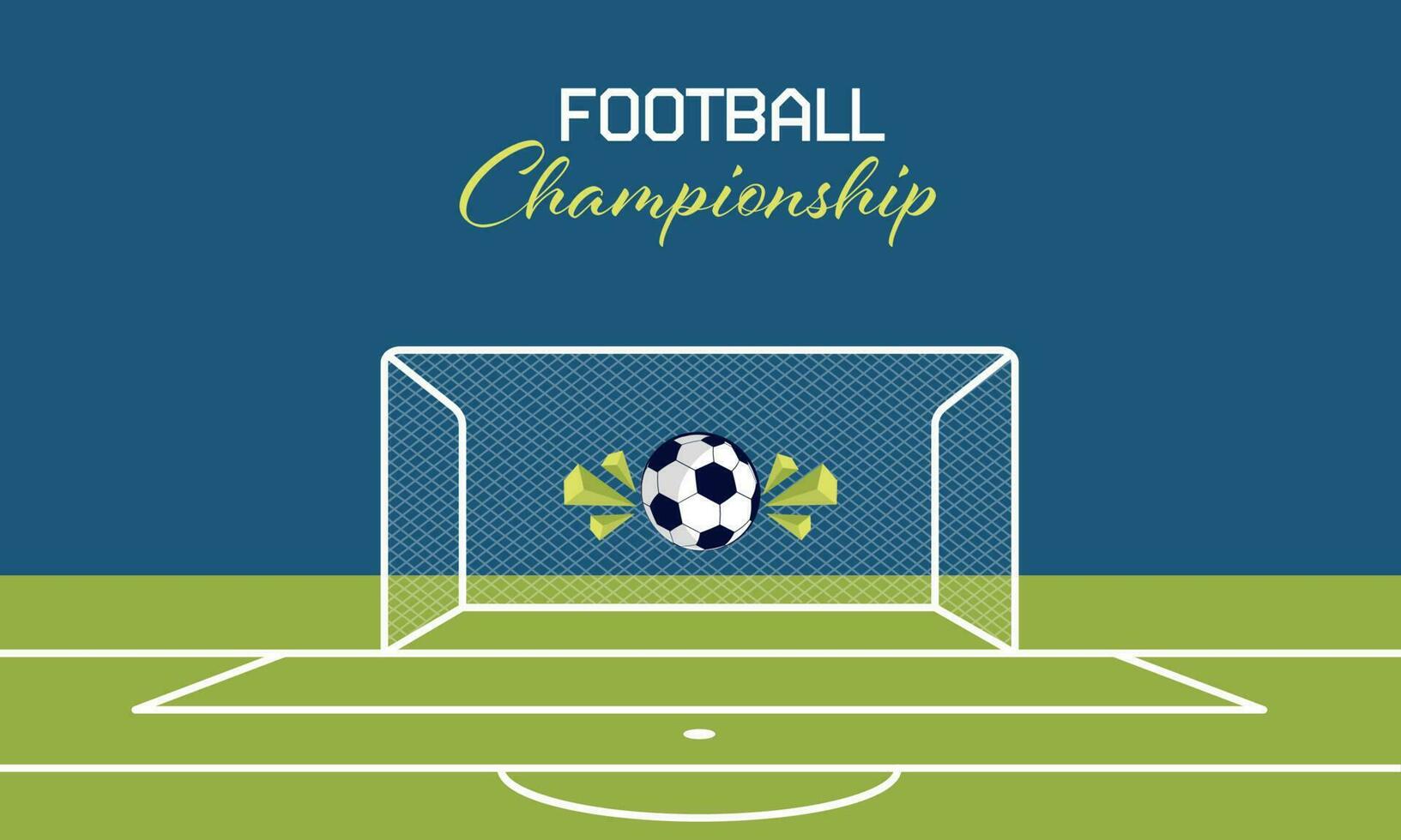 fotboll mästerskap begrepp med fotboll boll träffar mål netto, 3d triangel element på blå och grön kasta bakgrund. vektor