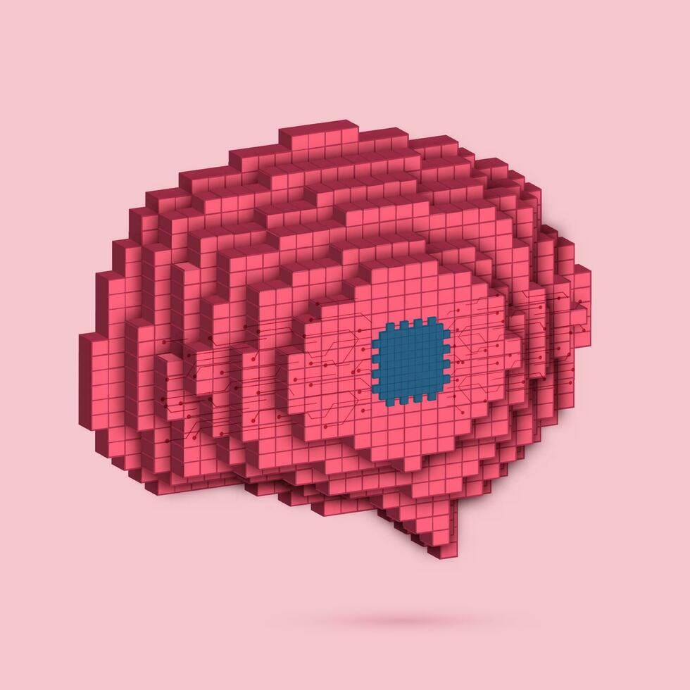 3d pixel mänsklig hjärna och implanterad chip på rosa bakgrund. vektor