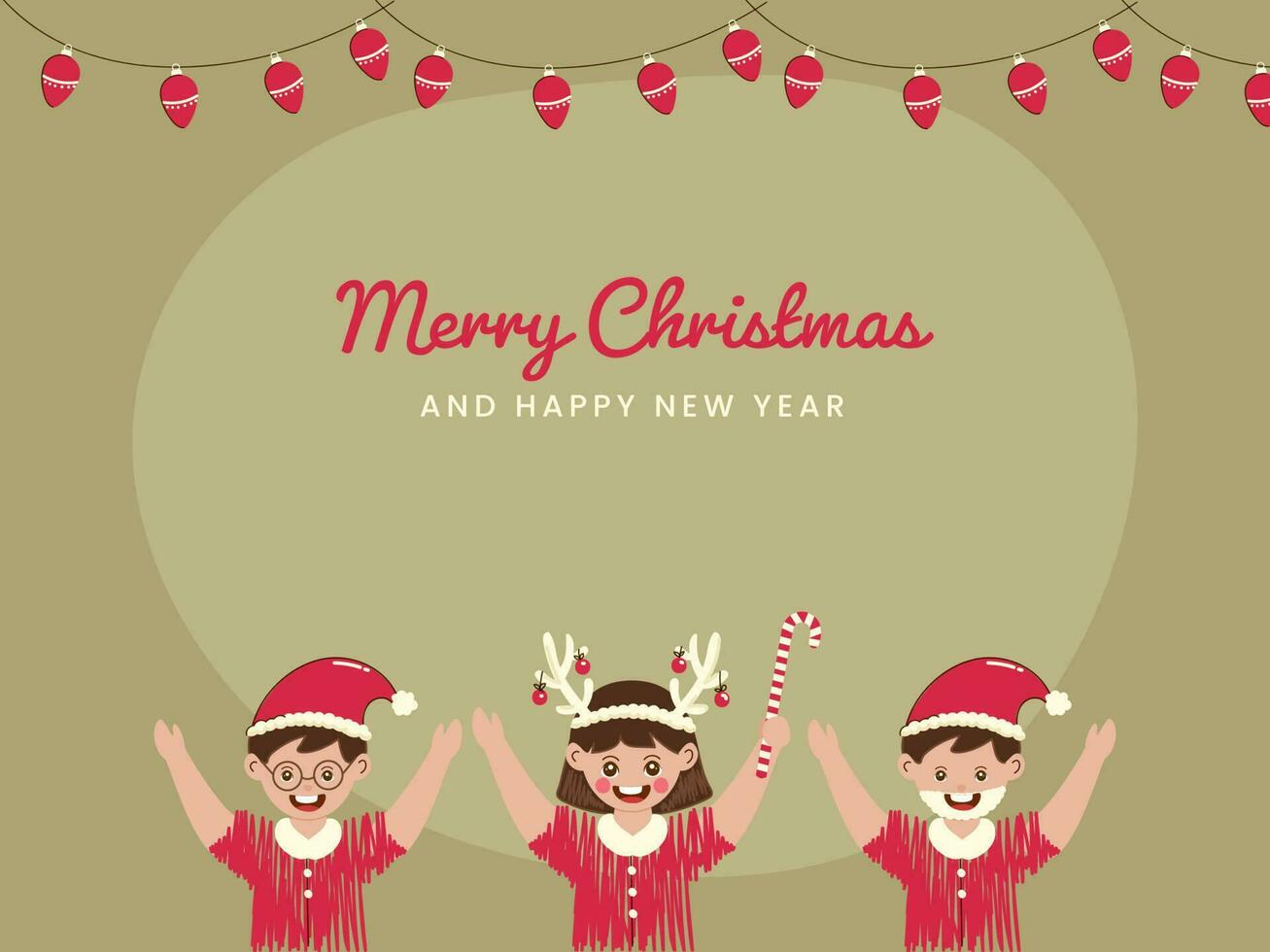 glad jul och Lycklig ny år font med tecknad serie barn njuter, belysning krans på oliv bakgrund. vektor