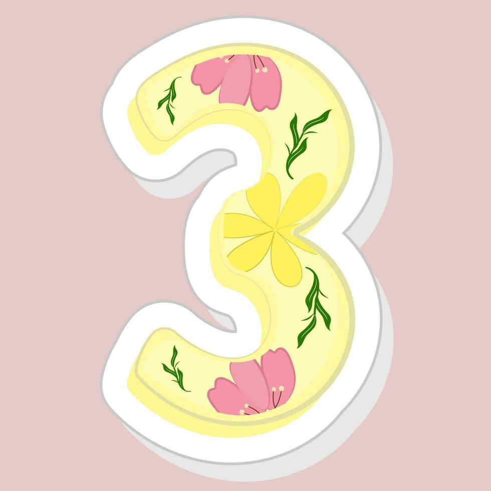 klistermärke stil gul blommig siffra 3 på rosa bakgrund. vektor