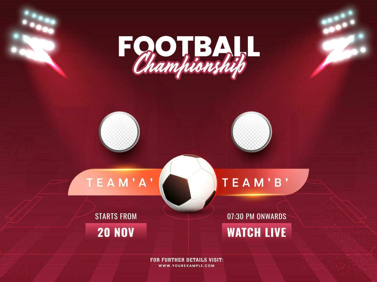 Fußball Meisterschaft Spiel zwischen Mannschaft ein vs. b mit realistisch Ball und leeren runden Abzeichen auf rot Stadion Beleuchtung Hintergrund. vektor